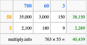 Calculate 763 times 53 using the box method