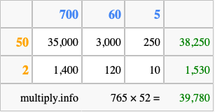 Calculate 765 times 52 using the box method
