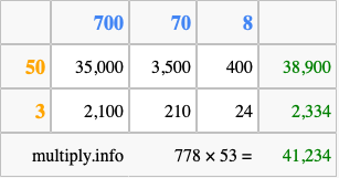 Calculate 778 times 53 using the box method