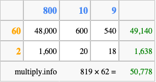 Calculate 819 times 62 using the box method