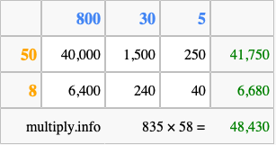 Calculate 835 times 58 using the box method