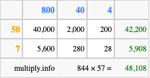 Calculate 844 times 57 using the box method