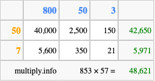 Calculate 853 times 57 using the box method