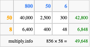 Calculate 856 times 58 using the box method