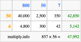 Calculate 857 times 56 using the box method
