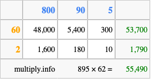 Calculate 895 times 62 using the box method