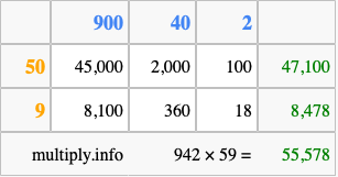 Calculate 942 times 59 using the box method