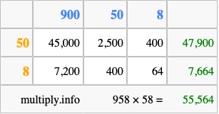 Calculate 958 times 58 using the box method