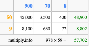 Calculate 978 times 59 using the box method