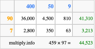Calculate 459 times 97 using the box method