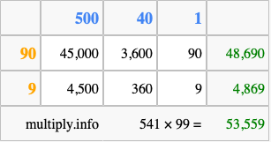 Calculate 541 times 99 using the box method