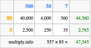 Calculate 557 times 85 using the box method