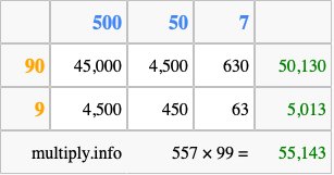 Calculate 557 times 99 using the box method