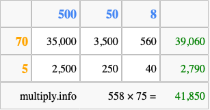 Calculate 558 times 75 using the box method