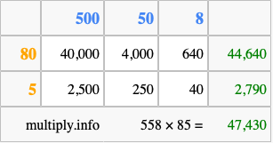 Calculate 558 times 85 using the box method