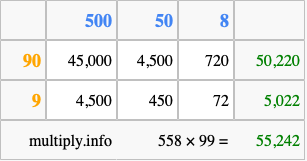 Calculate 558 times 99 using the box method
