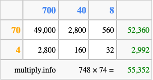 Calculate 748 times 74 using the box method