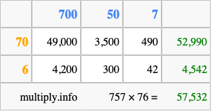 Calculate 757 times 76 using the box method