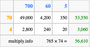 Calculate 765 times 74 using the box method
