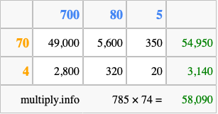 Calculate 785 times 74 using the box method