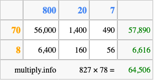 Calculate 827 times 78 using the box method