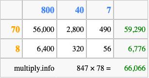 Calculate 847 times 78 using the box method
