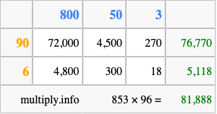 Calculate 853 times 96 using the box method