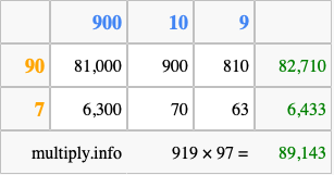 Calculate 919 times 97 using the box method