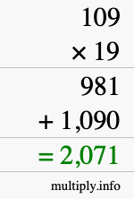 How to calculate 109 times 19 using long multiplication