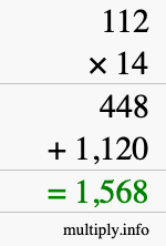 How to calculate 112 times 14 using long multiplication