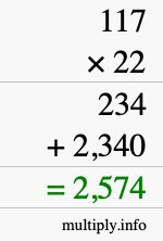 How to calculate 117 times 22 using long multiplication