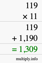 How to calculate 119 times 11 using long multiplication