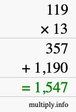 How to calculate 119 times 13 using long multiplication