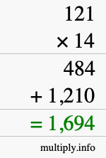 How to calculate 121 times 14 using long multiplication How to calculate 121 times 14 using long multiplication
