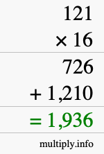 How to calculate 121 times 16 using long multiplication How to calculate 121 times 16 using long multiplication