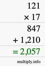 How to calculate 121 times 17 using long multiplication