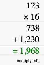 How to calculate 123 times 16 using long multiplication How to calculate 123 times 16 using long multiplication