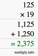 How to calculate 125 times 19 using long multiplication How to calculate 125 times 19 using long multiplication