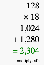 How to calculate 128 times 18 using long multiplication