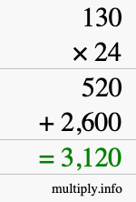 How to calculate 130 times 24 using long multiplication How to calculate 130 times 24 using long multiplication