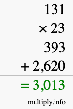 How to calculate 131 times 23 using long multiplication