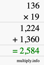 How to calculate 136 times 19 using long multiplication