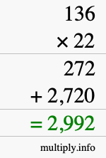 How to calculate 136 times 22 using long multiplication
