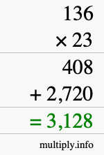 How to calculate 136 times 23 using long multiplication