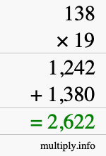 How to calculate 138 times 19 using long multiplication