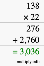 How to calculate 138 times 22 using long multiplication How to calculate 138 times 22 using long multiplication