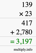 How to calculate 139 times 23 using long multiplication