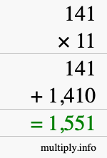 How to calculate 141 times 11 using long multiplication