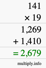 How to calculate 141 times 19 using long multiplication