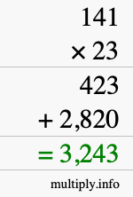 How to calculate 141 times 23 using long multiplication